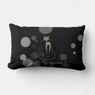 Grey Dots On Black Background,Cat,Hello Gorgeous Lumbar Pillow