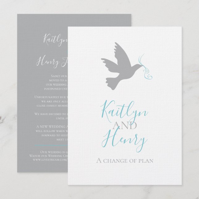 Grey dove aqua blue ribbon change of wedding plans invitation (Front/Back)
