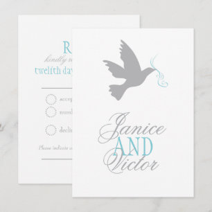 Grey dove blue ribbon formal wedding RSVP Invitation