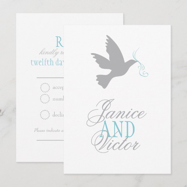 Grey dove blue ribbon formal wedding RSVP Invitation (Front/Back)