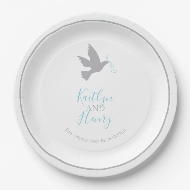Grey dove flying bird aqua blue ribbons wedding paper plate (Front)