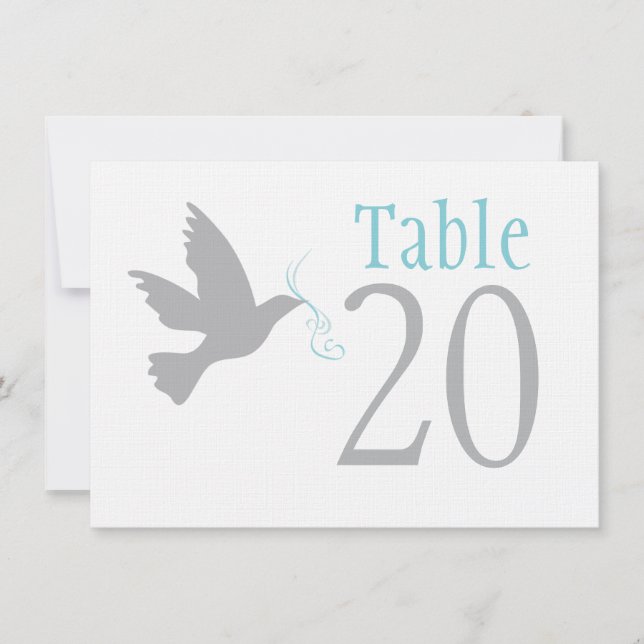 Grey dove with aqua blue wedding table numbers (Front)