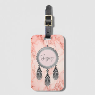  Grey Dreamcatcher on Pink Marble Personalized Luggage Tag
