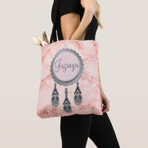  Grey Dreamcatcher on Pink Marble Personalized Tote Bag
