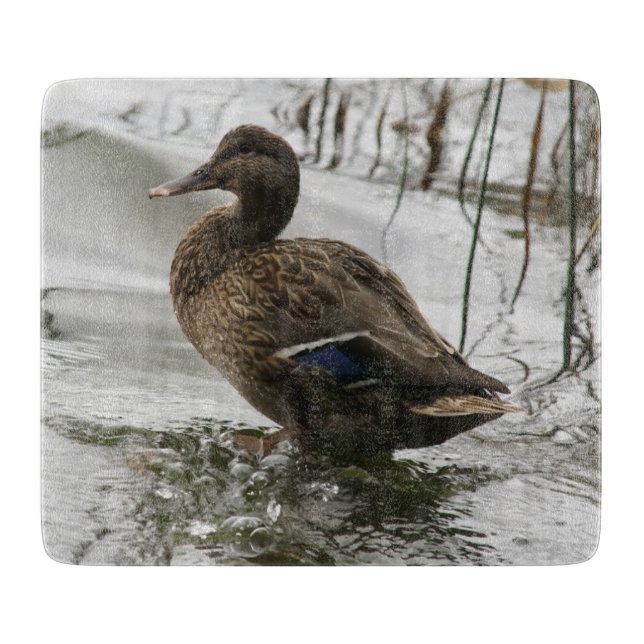 Grey duck on dark the lake cutting board (Front)