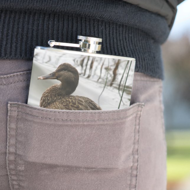 Grey duck on dark the lake hip flask (In Situ)