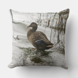 Grey duck on dark the lake throw pillow