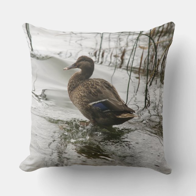 Grey duck on dark the lake throw pillow (Front)