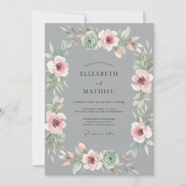 Grey Dusty Pink Wreath Wedding Invitation (Front)