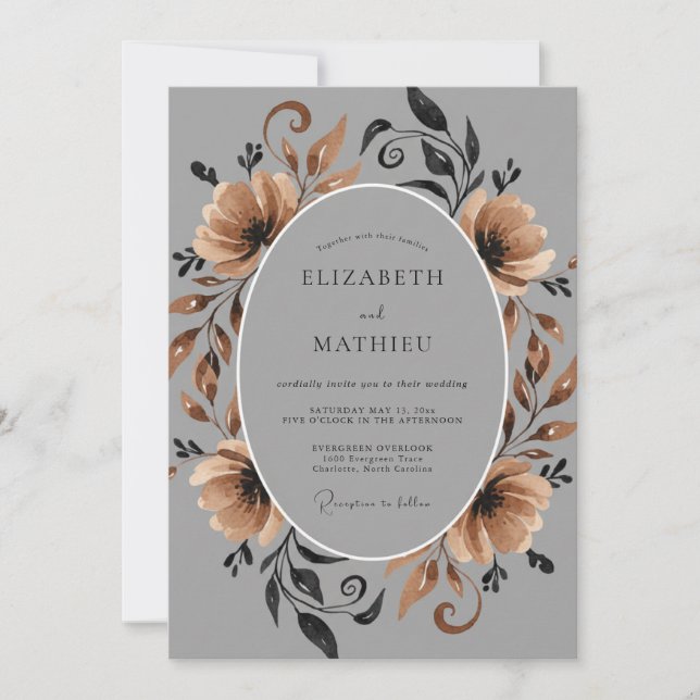 Grey Earthy Bloom Wedding Invitation (Front)