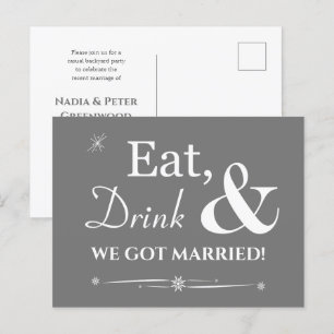 Grey Eat Drink We Got Married Retro Elopement Postcard