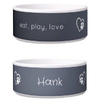 Grey Eat Play Love Custom Dog Name Bowl