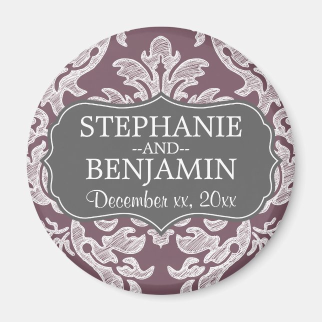Grey & Eggplant Damask Pattern Wedding Favour Magnet (Front)