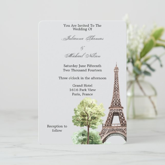 Grey Eiffel Tower Paris Wedding Invitation (Standing Front)