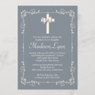 Grey Elegant Baptism   Christening Elegant Cross Invitation