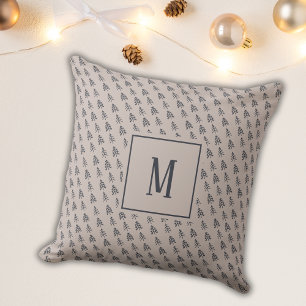 Grey Elegant Christmas Trees Blue Monogram Throw Pillow