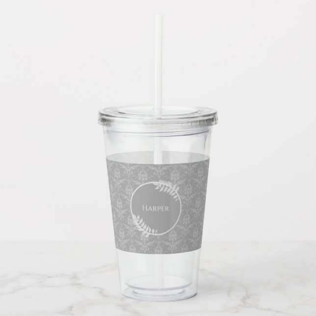 Grey Elegant Damask Personalized Acrylic Tumbler (Front)