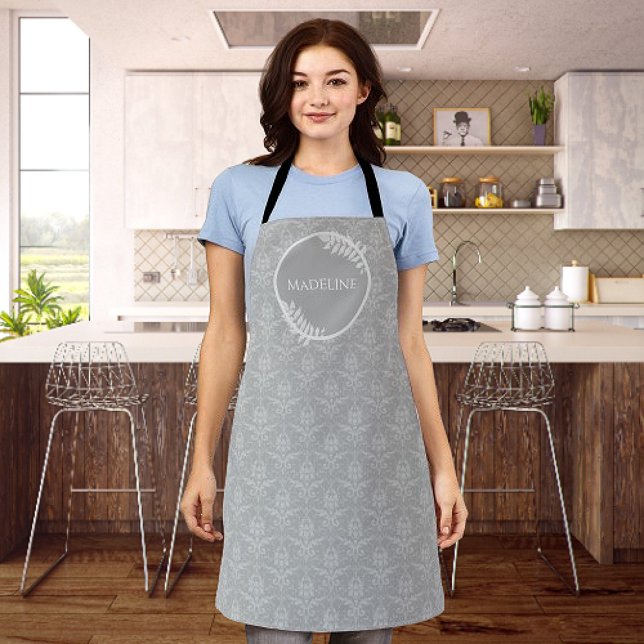 Grey Elegant Damask Personalized Apron (Gray Elegant Damask Personalized Apron)