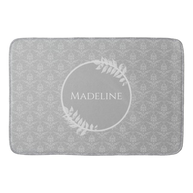 Grey Elegant Damask Personalized Bath Mat (Front)