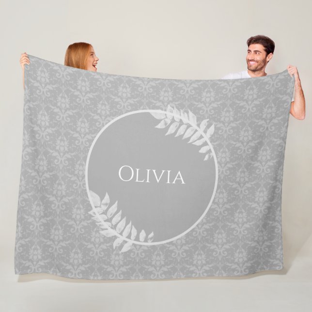 Grey Elegant Damask Personalized Fleece Blanket (In Situ)