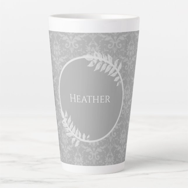 Grey Elegant Damask Personalized Latte Mug (Front)