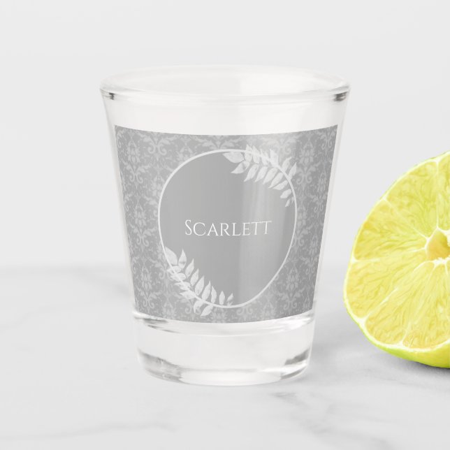 Grey Elegant Damask Personalized Shot Glass (Front)
