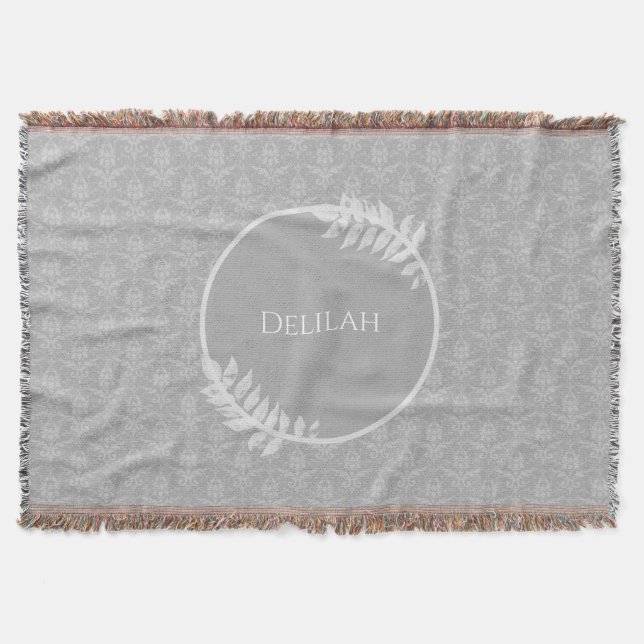 Grey Elegant Damask Personalized Throw Blanket (Front)