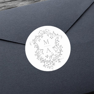 Grey Elegant Floral Crest Monograms Classic Round Sticker