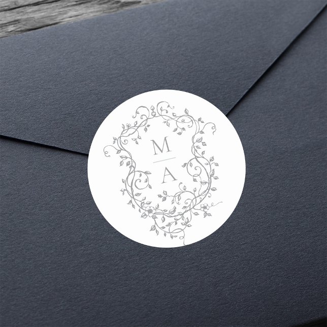 Grey Elegant Floral Crest Monograms Classic Round Sticker (Creator Uploaded)