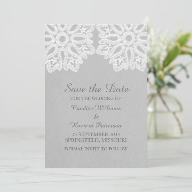 Grey Elegant Lace Save the Date Invite (Standing Front)