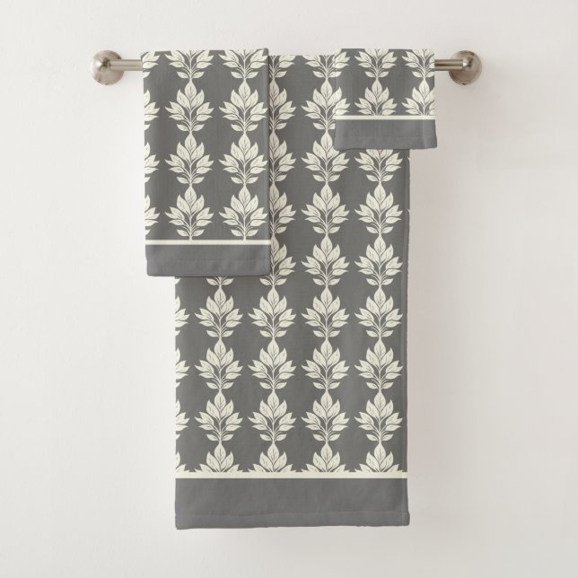 Grey Elegant Leaf Pattern Bath Towel Set (Insitu)
