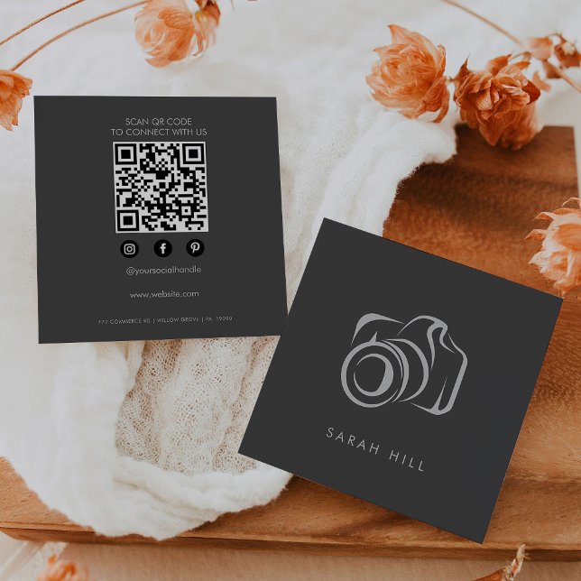 Grey Elegant Minimalist Photo Camera QR Code Square Business Card (Creator Uploaded)