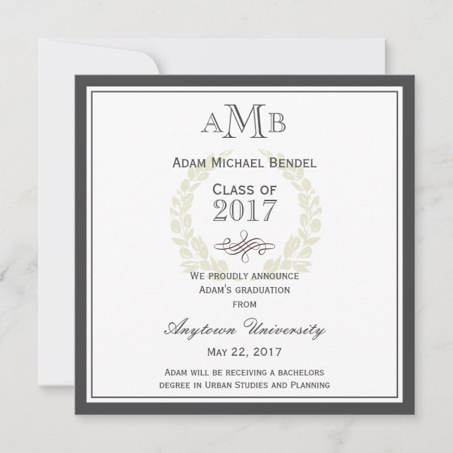 Grey Elegant Monogram Graduation Announcement (Front)