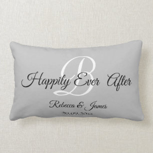 Grey Elegant Monogrammed Happily Ever After Lumbar Pillow