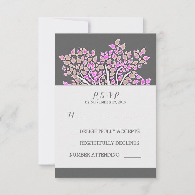grey elegant old purple tree wedding RSVP cards (Front)