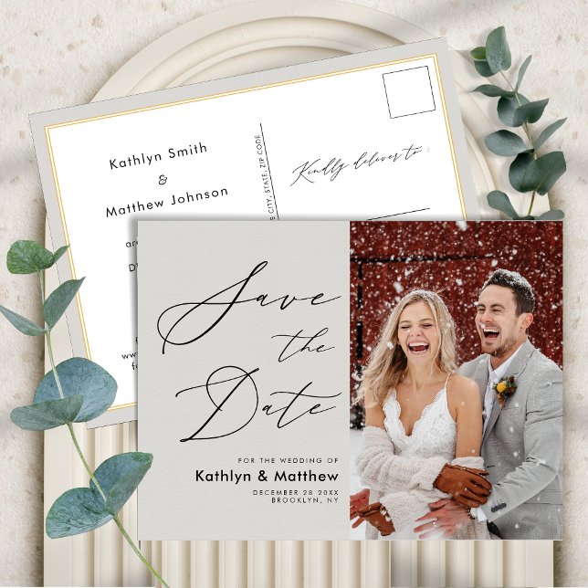 Grey Elegant Script Photo Wedding Save The Date Announcement Postcard (Creator Uploaded)