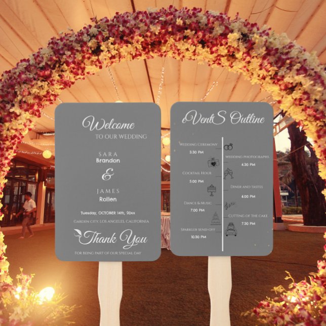 Grey Elegant Script Wedding Program and Timeline Hand Fan (Creator Uploaded)