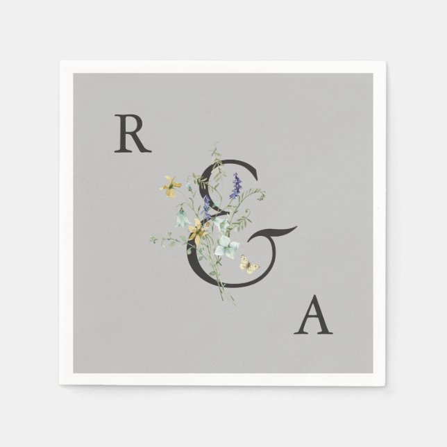 Grey Elegant Wildflower Wedding Monogram Napkin (Front)