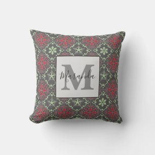 Grey Elegant Winter Nordic Snowflake Monogram Throw Pillow