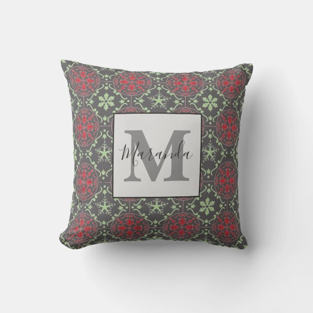 Grey Elegant Winter Nordic Snowflake Monogram  Throw Pillow (Front)