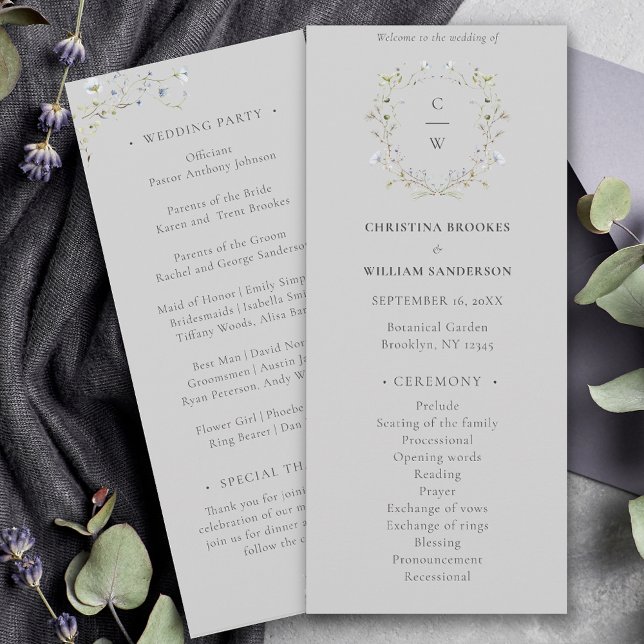 Grey Elegant Winter Wildflowers Wedding Program (Creator Uploaded)