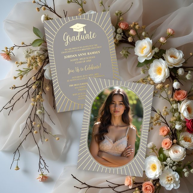 Grey Elegantly Vintage Oval Graduate Cap Photo (Grey Elegantly Vintage Oval-Shape Graduate Cap Metallic Foil Invitations Cards with Back Photo.)