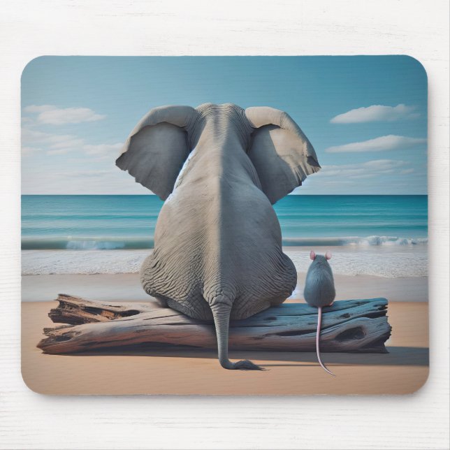 Grey Elephant and Mouse On Beach Log Pad (Front)