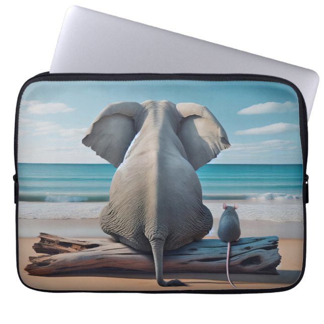 Grey Elephant and Mouse On Driftwood Laptop Sleeve (Front)