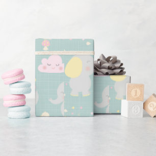 Grey Elephant Balloon Green Simple Baby Shower Wrapping Paper