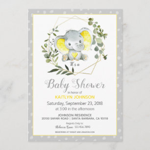 Grey Elephant Modern Baby Shower Invitation