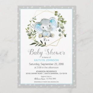 Grey Elephant Modern Baby Shower Invitation