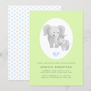 Grey elephant mother& baby boy shower light green invitation