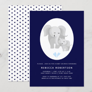 Grey elephant mother& baby boy shower navy blue invitation