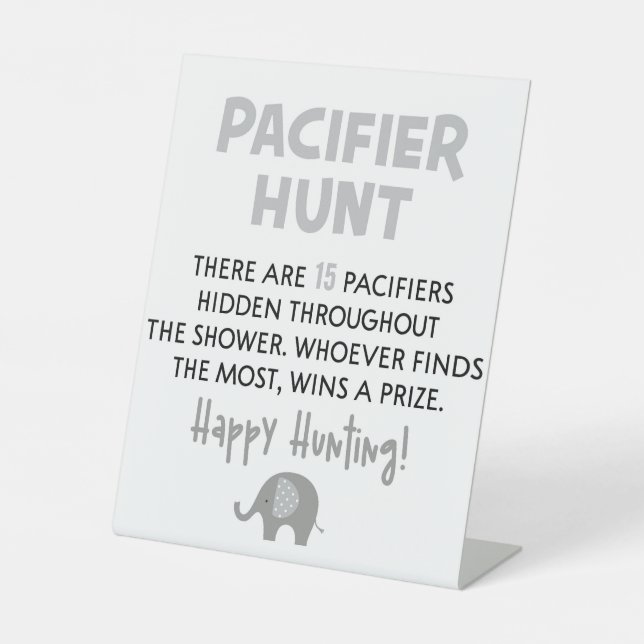 Grey Elephant Pacifier Hunt Baby Shower Game Sign (Front)